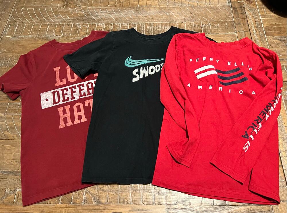 Lot of 3 boys t-shirts Size Medium Stay at home outside play Some flaws stains